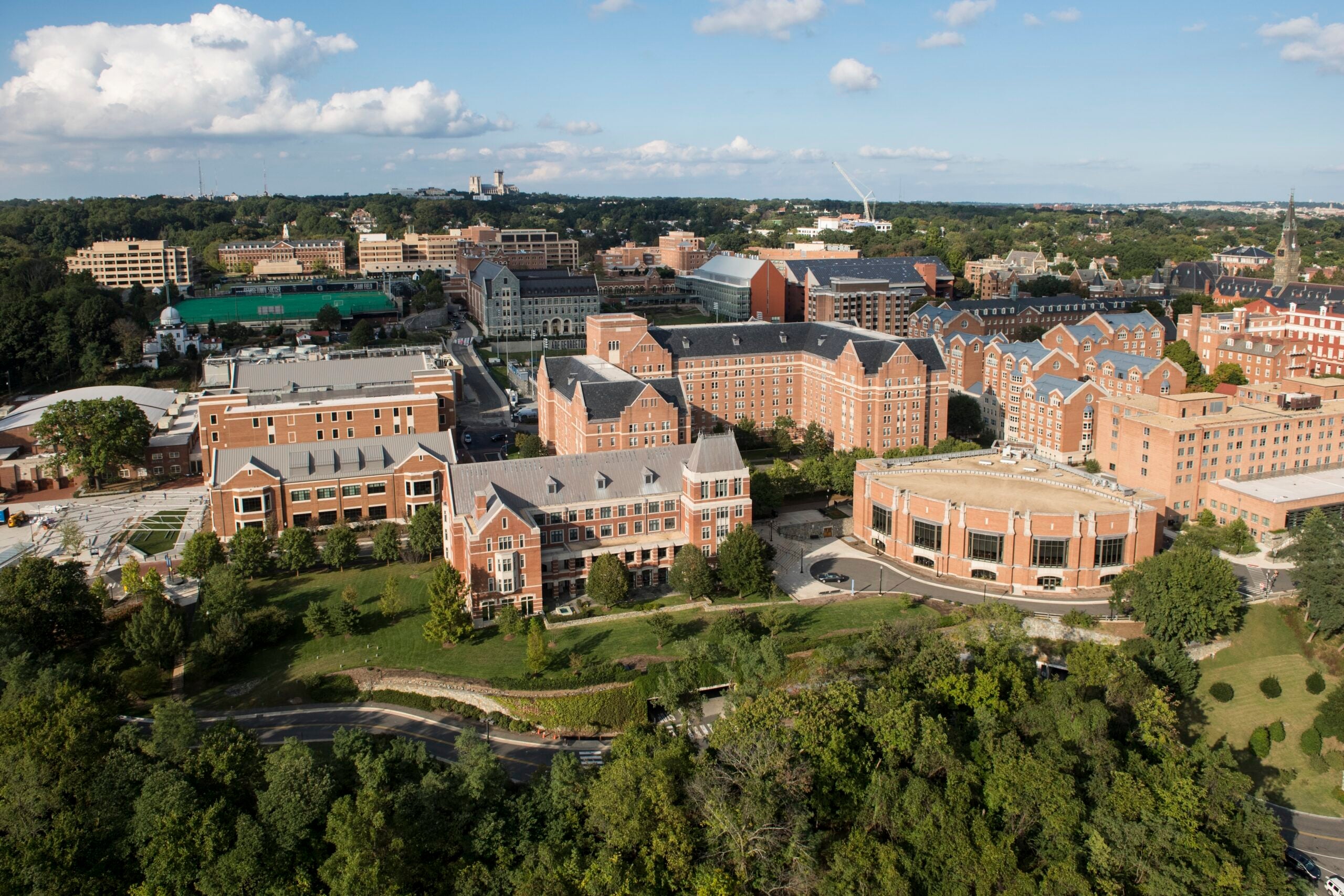 Aerial photo of Georgetown's Hilltop campus on a sunny day.