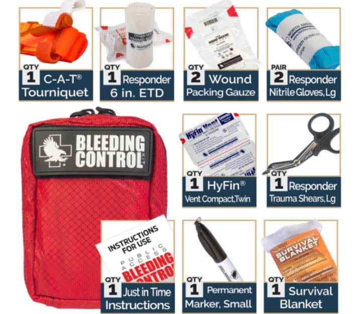 Sample bleeding control kit supplies: C-A-T tourniquet, Responder 6 in. ETD, wound packing gauze, responder nitrile gloves, HyFin vent compact, trauma sheers, "Just in Time" instructions, permanent marker and survival blanket.